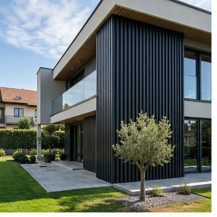 Fatada de casa moderna imbracata in riflaje de aluminiu antracit