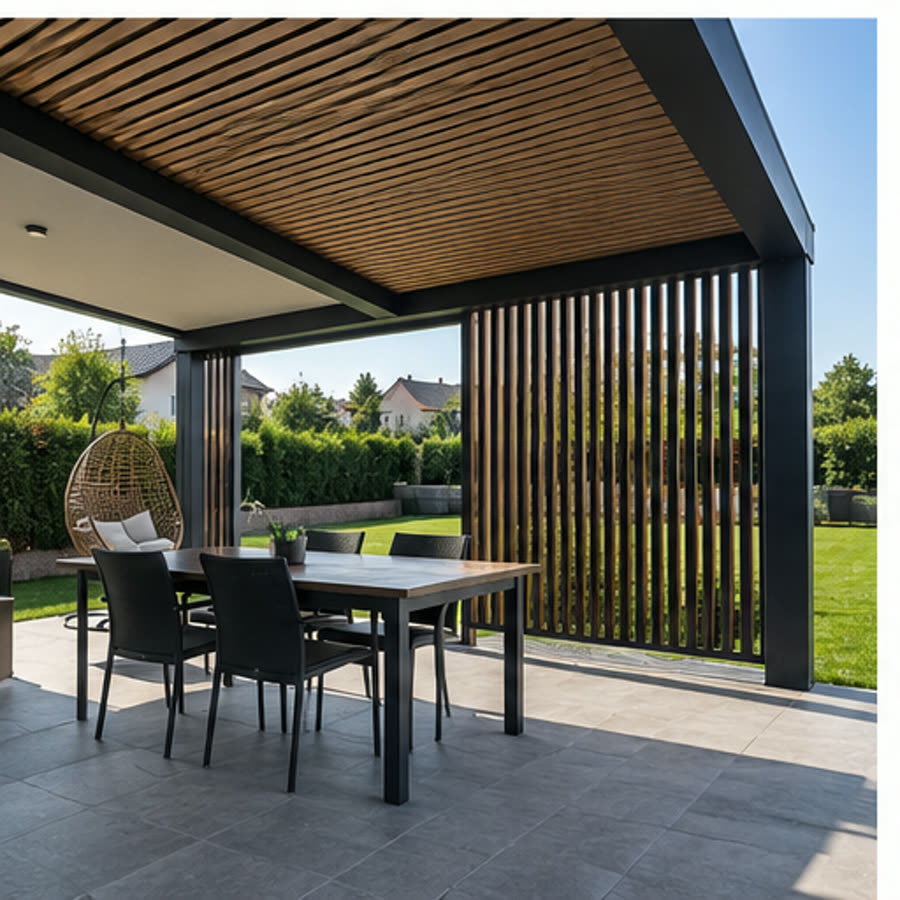 Terasa cu pergola si tavan din riflaje in imitatie de lemn