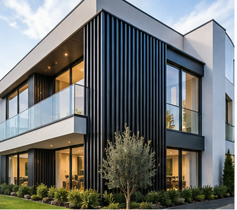 Fatada de casa moderna cu riflaje de aluminiu