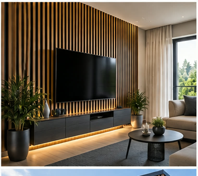 Perete interior de living cu riflaje