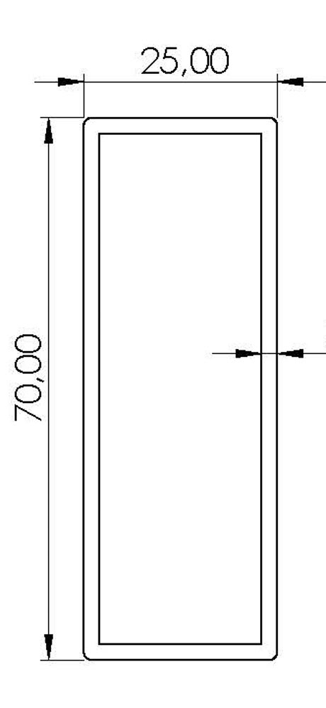 Desen de secțiune pentru lamela plată de aluminiu 70 x 25 mm, cotele în mm