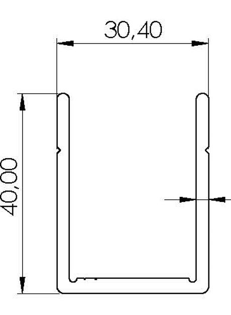 Desen de secțiune pentru șina U de aluminiu 30,4 x 40 mm, cotele în mm
