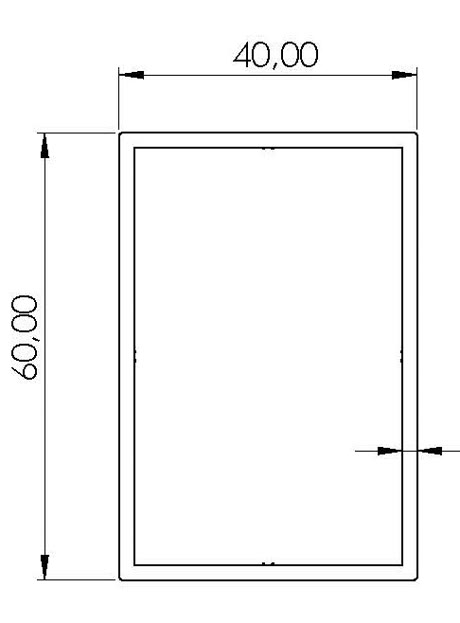Desen de secțiune pentru țeava rectangulară de aluminiu 60 x 40 mm, cotele în mm
